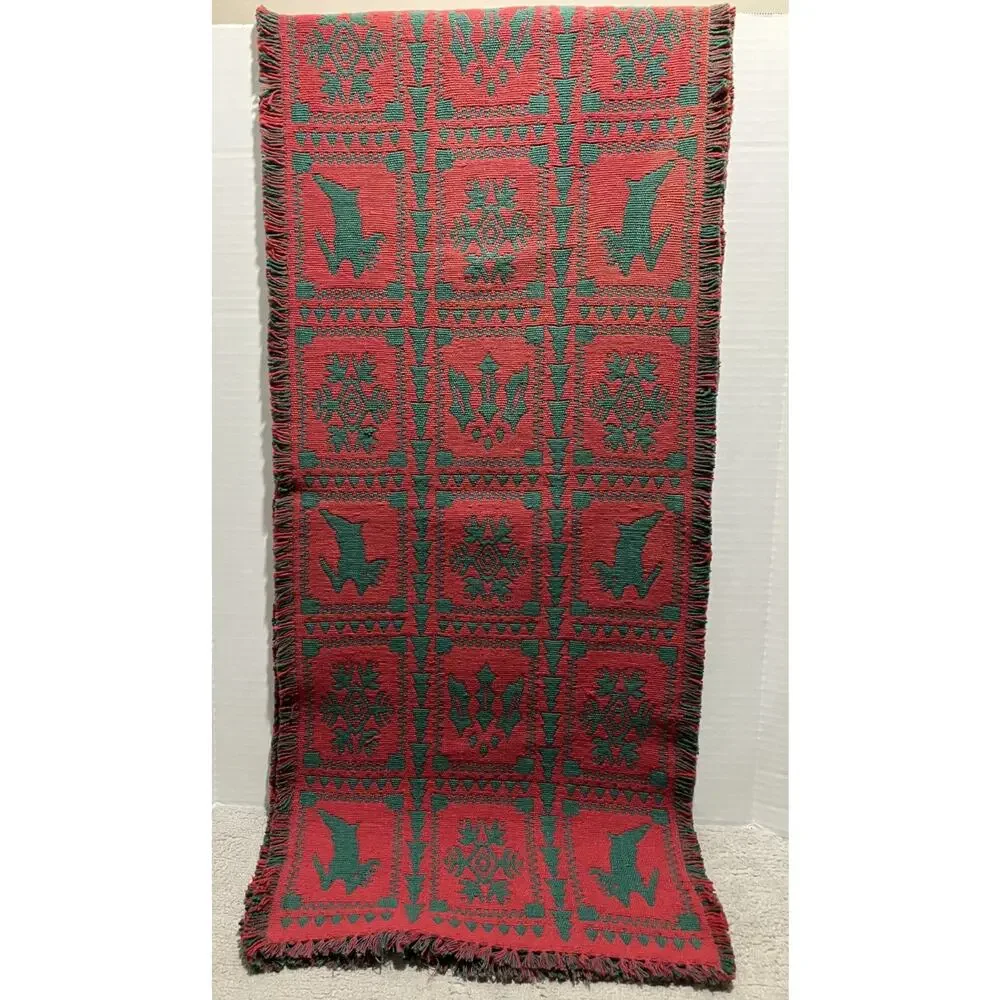 Christmas Tapestry Red Green Woven Table Runner 15x70 Reindeer Snowflake Vintage